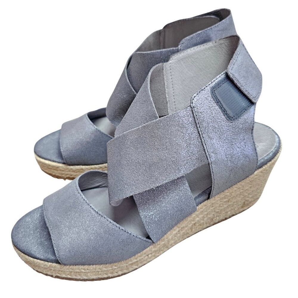 EILEEN FISHER 'willow' Espadrille Wedge Sandal In Pewter Metallic Suede Platform